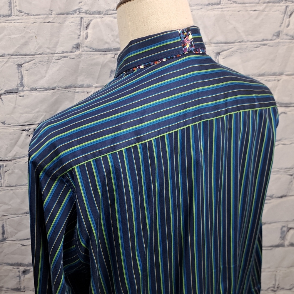 Robert Graham Mens Button Down Shirt Green Blue Striped Flip Cuff Classic Fit XL - Picture 12 of 16